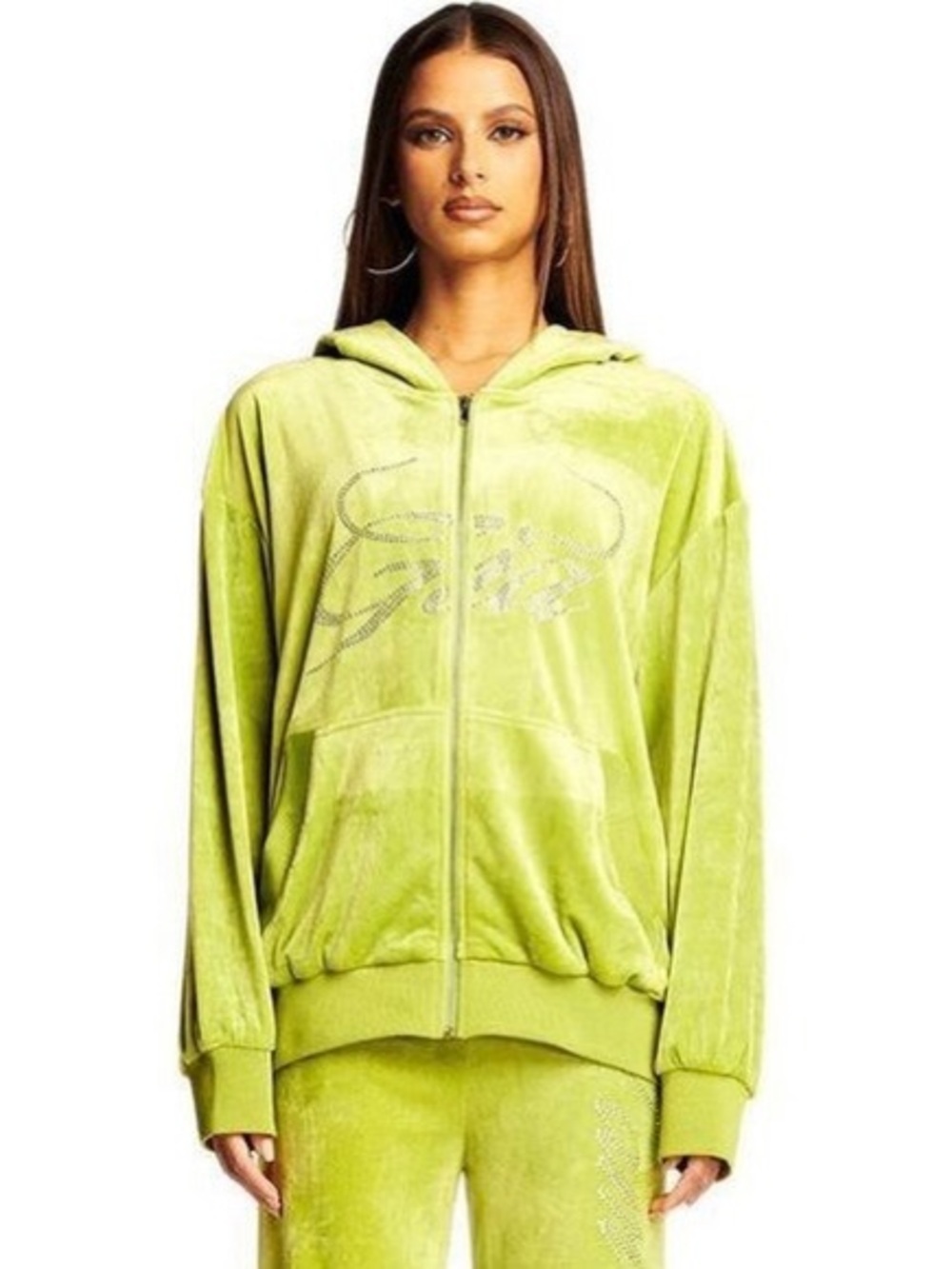 I.AM.GIA Daria Hoodie Velour Zip-Up Rhinestone Y2K Oversized Lime Green Sz L